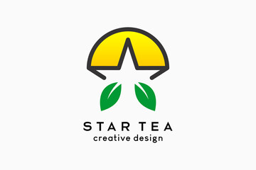 Star tea logo design, tea leaf icon combined with star icon and sun icon in a creative concept. Vector logo illustration for beverage business.
