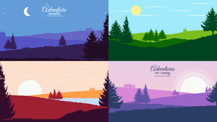 Vector illustration in flat style. Set of abstract vector landscapes. Natural silhouettes of tree. Design for background, wallpaper, banner, tourism card. 