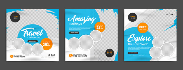 Tour and travel social media banner post template for traveling business marketing. Summer beach holiday promotion web poster with abstract background. Online travel sale flyer with agency logo & icon - obrazy, fototapety, plakaty