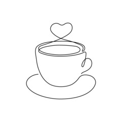 Cup of coffee with heart love, one single continuous line drawing. Simple abstract outline beautiful mug with steam beverage. Vector illustration