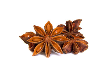 Star anise spice fruits and seeds isolated on white background close-up