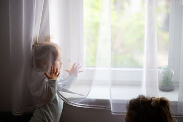 baby girl behind curtain holding hands up, mother is looking, natural home window background - obrazy, fototapety, plakaty