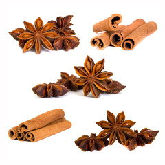 Set of cinnamon and star anise isolated on white background