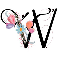   Alphabet ornaments. LETTER W floral vector with flowers, butterfly and leaves, vintage handwritten, Decoration vintage for invites card and other concept ideas. Illustration letter W anniversary