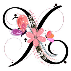   Alphabet ornaments. LETTER X floral vector with flowers, butterfly and leaves, vintage handwritten, Decoration vintage for invites card and other concept ideas. Illustration letter X Anniversary	