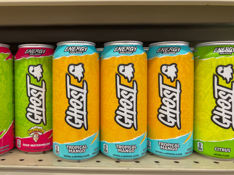 Pearland, TX, USA - March 15, 2022: Ghost zero sugar Energy Drink, 16 fl. oz. Cans on the shelves in a supermarket. 