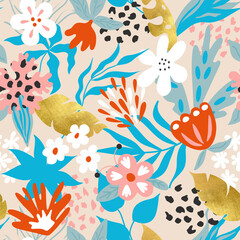 Fototapeta premium Modern seamless pattern with flowers and leaves.Abstract background for paper, wallpaper, cover, fabric and other users. Vector illustration