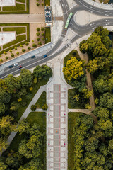 Aerial view of a park and streets in Bialystok city center during golden hour in summer in Poland