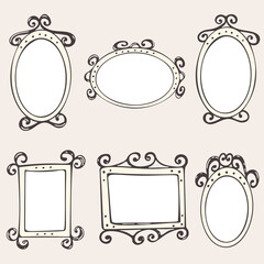 Set of hand drawn doodle vintage frames, squares, ovals, vector borders design elements with white backgrounds.