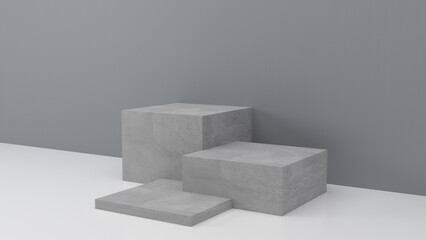 Three grey concrete, square box podium in grey background. concept scene stage showcase for new product, promotion sale, banner, presentation, cosmetic, ranking. with copy space - 3D rendering