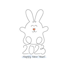 Cute rabbit on a white background. Symbol of the new year 2023. Thin line outline style. Minimal design. Happy new year postcard. Vector illustration. - 503794755