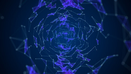 Abstract blue background of the solar system. A futuristic tunnel of moving blue lines and dots. Network connection. Internet connection worldwide. Visualization of big data. 3d rendering.