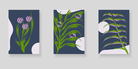 Botanical set backgrounds with abstract plants and organic shapes. Modern vector posters with art texture for home decor. For printing on covers, banners, sales, flyers, postcards.