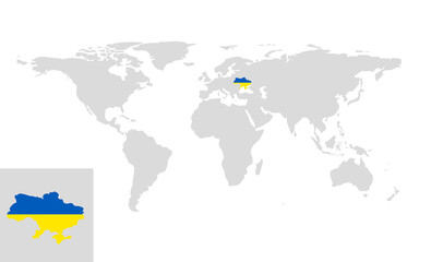 Ukraine on a world map. Ukrainian flag. Vector illustration.	