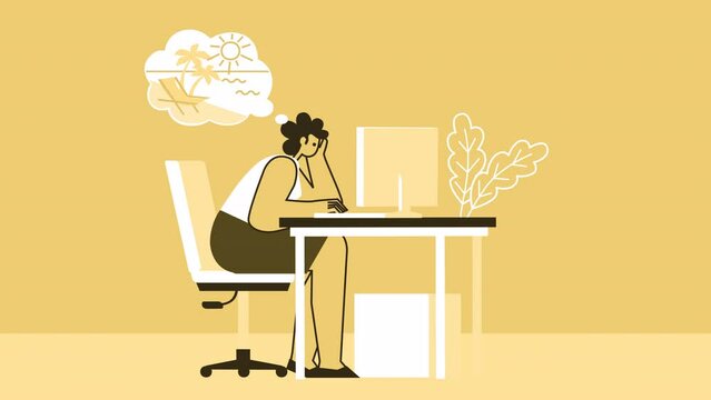 Yellow Style Woman Flat Character Daydreaming About Summer Vacation at Workplace with Computer. Isolated Loop Animation with Alpha Channel
