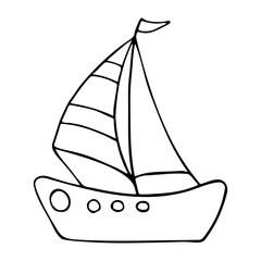 Vector doodle cartoon boat. Hand drawn sea boat, yacht. Graphic element for print, design
