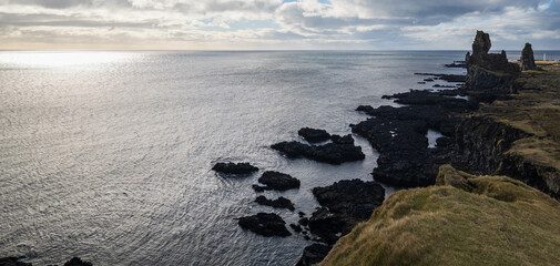 View during auto trip in West Iceland, Snaefellsnes peninsula, Snaefellsjokull National Park,...