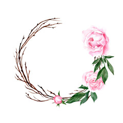 Delicate frame with watercolor peonies, leaves, twigs for decorating postcards, printing, linen, fabrics, souvenirs and design