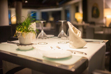 Empty dinner table in a luxurious hotel