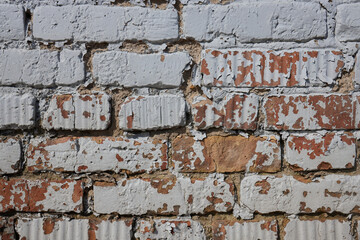 Empty Old Brick Wall Texture. Painted Distressed Wall Surface. Grungy Wide Brickwall. Grunge Red...