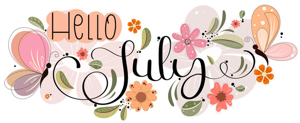 Hello July. JULY month vector hand lettering with flowers, butterfly, and leaves. Decoration floral vintage. Illustration month July calendar	
