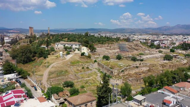 Aerial drone video of iconic archaeological site and Sanctuary of Ancient Elefsina mainly known for the Great Mysteries - the Eleusinian Mysteries, Attica, Greece