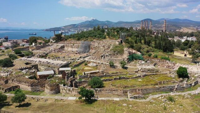 Aerial drone video of iconic archaeological site and Sanctuary of Ancient Elefsina mainly known for the Great Mysteries - the Eleusinian Mysteries, Attica, Greece