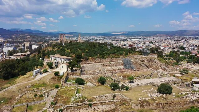 Aerial drone video of iconic archaeological site and Sanctuary of Ancient Elefsina mainly known for the Great Mysteries - the Eleusinian Mysteries, Attica, Greece
