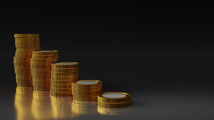 3d render. Five stacks of coins form a ladder where the top is on the left. Black background with free space text.