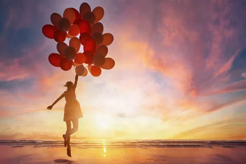 Fotobehang creativity and inspiration, woman with many balloons, motivation, imagination concept © Song_about_summer