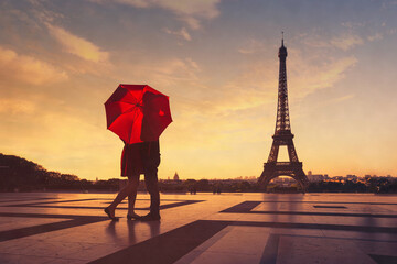 Paris, silhouette of couple kissing near Eiffel tower under red umbrella