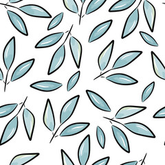 Seamless pattern with green tree branches in cartoon style on white background