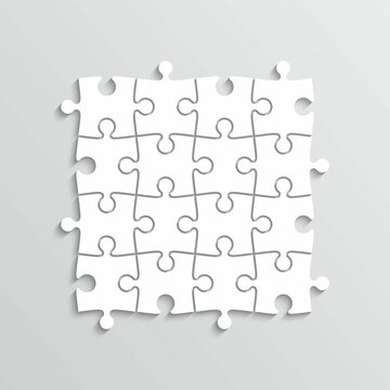 Puzzle pieces. Thinking game with 16 separate shapes. Jigsaw outline grid. Simple mosaic layout. Modern puzzle background. Laser cut frame. Vector illustration.