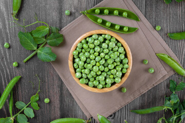 Fresh organic raw green peas in a bowl with peas plants leaves on dark wooden table background. Healthy eating, vegan and vegetarian legume food, raw food and detox super food, bean protein, top view