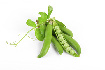 Fresh organic raw green opened peas pod on white background. Healthy eating, vegan and vegetarian legume food, raw food and detox super food, bean protein, isolated close up