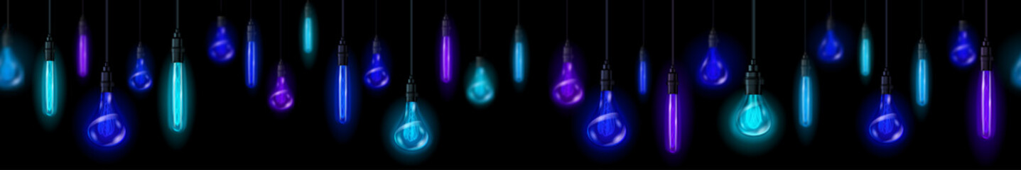 Banner with vintage incandescent lamps with blue and purple glow, hanging on electric wires on black background. Near lightbulb are in focus, distant are blurry. With seamless horizontal repetition