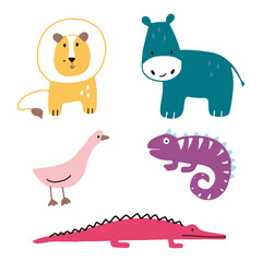 Collection of funny animal in cartoon style, vector illustrtion lion, hippopotamus, goose, chameleon, pink crocodile