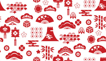 Beautiful japanese seamless pattern with clouds, waves plum, fan, sakura flower Vector template kimono asian texture. For printing on packaging, textiles, paper,fabric, manufacturing, wallpaper