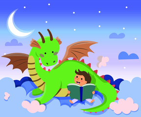 A boy is dreaming with dragon. Children's dream with a dragon reading a book. Flat vector illustration of dragon and boy. 