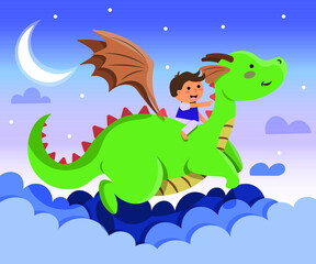 A boy is dreaming with dragon. Children's dream with a dragon flying with girl. Flat vector illustration of dragon and boy. 
