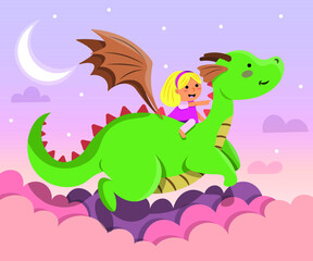 A girl is dreaming with dragon. Children's dream with a dragon flying with girl. Flat vector illustration of dragon and girl. 