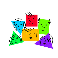 Pile of Various bright basic Geometric Figures with face emotions. Group of man and woman. Cute funny square and triangle characters. Hand drawn trendy Vector illustration for kids