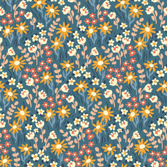 Liberty floral pattern with ornate  folk meadow. Seamless pattern, cute botanical background with small flowers, leaves on a blue field. Vector illustration, print design.