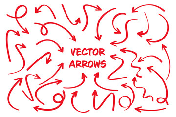 Red hand drawn arrows isolated on white background. Doodle arrow, zigzag and round pointers. Handmade sketches of direction symbols. Vector illustration.