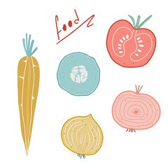 Summer set of fresh vegetables carrot, cucumber, tomato, onion with text, vector illustration cute stickers in cartoon style