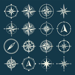 Vintage marine wind rose, nautical chart. Monochrome navigational compass with cardinal directions of North, East, South, West. Geographical position, cartography and navigation. Vector illustration.