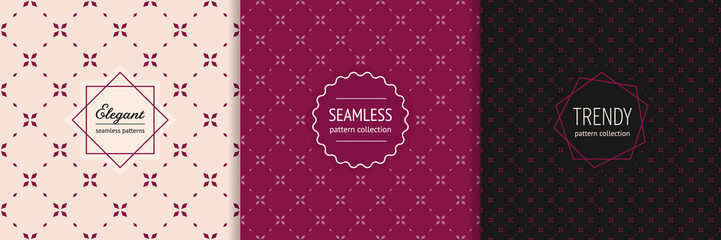 Vector geometric floral seamless pattern collection with stylish minimal labels. Elegant texture in Oriental style with grid, lattice, flowers, diamonds. Trendy luxury background in burgundy color
