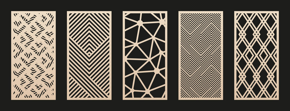 Laser cut patterns. Vector set with abstract geometric texture, lines, stripes, grid, chevron, triangles. Stencil for laser cutting of wood panel, metal, plastic. Trendy design. Aspect ratio 1:2