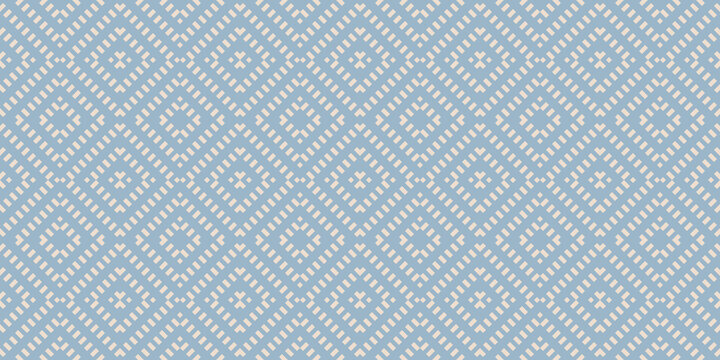 Vector geometric seamless pattern. Blue and beige abstract graphic background with squares, rhombuses, grid. Simple wicker texture. Ethnic tribal style ornament. Repeat retro vintage geo design