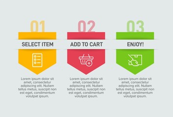Concept of shopping process with 3 successive steps. Three colorful graphic elements. Timeline design for brochure, presentation, web site. Infographic design layout.